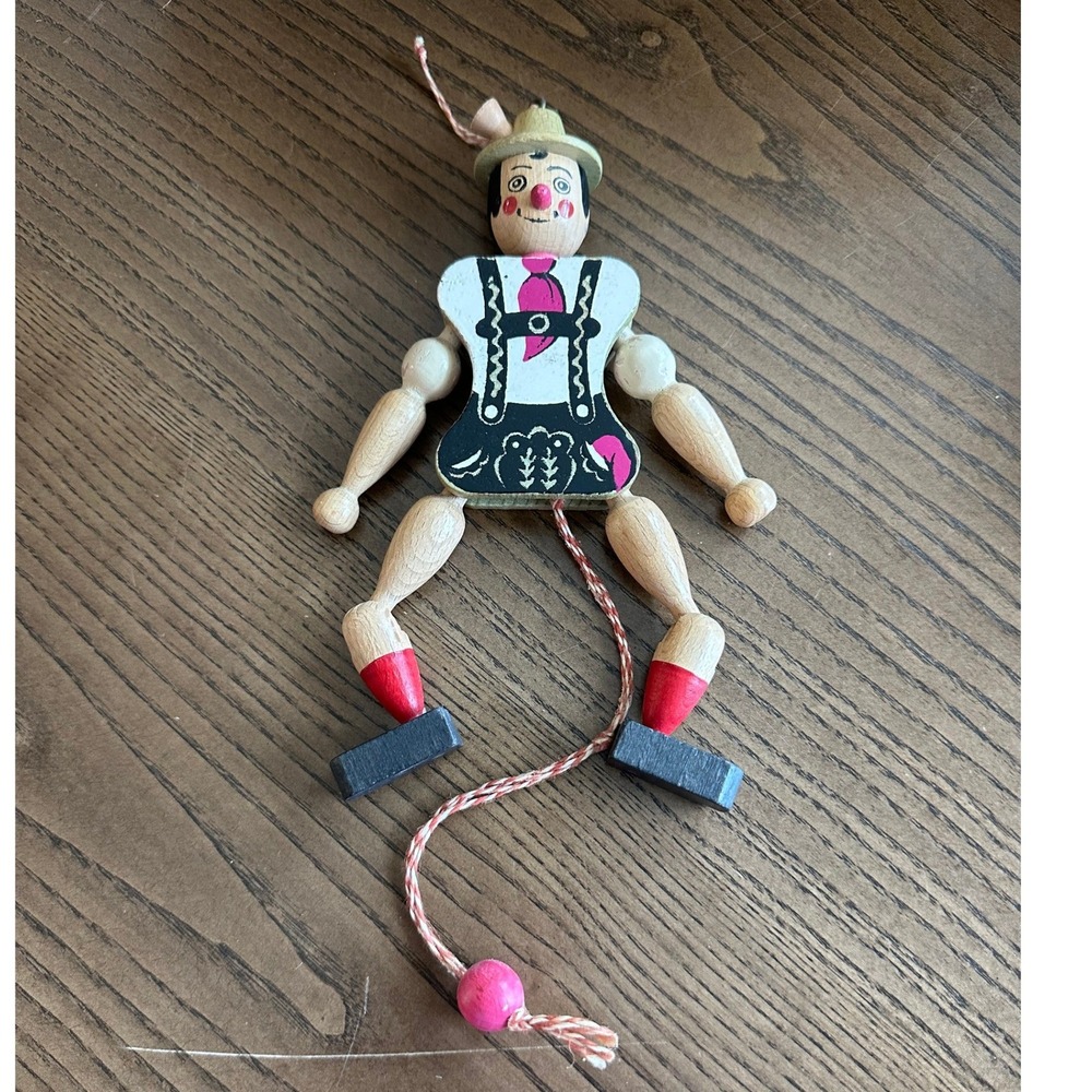Vintage Wooden Jumping Jack Puppet German Bavarian Lederhosen Pull String Toy 7"
